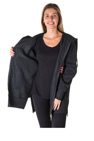 Ladies fashion fleece zip up sweatshirt oversize long hoodie outerwear jacket with applique