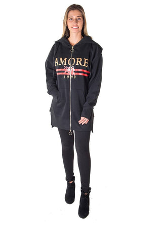 Ladies fashion fleece zip up sweatshirt oversize long hoodie outerwear jacket with applique