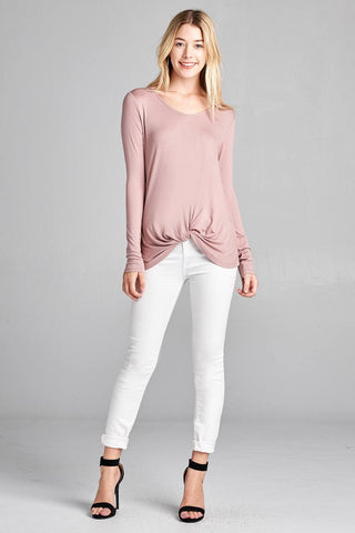 Ladies fashion long sleeve v-neck front twisted rayon spandex crepe top