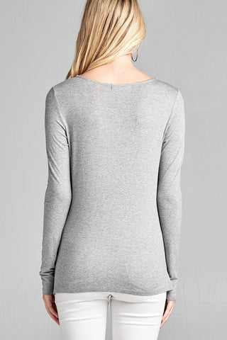 Ladies fashion long sleeve v-neck front twisted rayon spandex crepe top