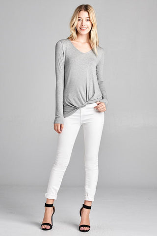 Ladies fashion long sleeve v-neck front twisted rayon spandex crepe top