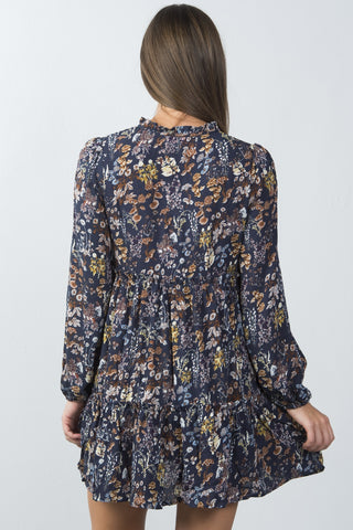 Ladies fashion multi navy floral neck-tie peasant mini dress - merchandiserus2