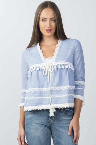 Ladies fashion blue and white lace trim and tassel tie kimono