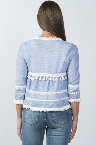 Ladies fashion blue and white lace trim and tassel tie kimono