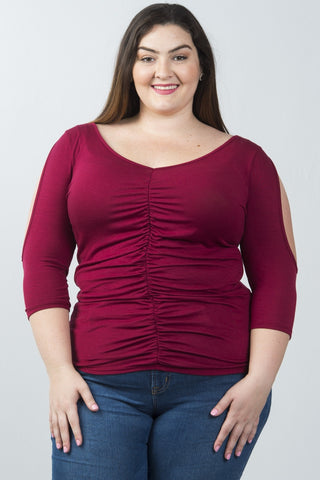 Ladies fashion plus size v neckline slit sleeve ruched front top