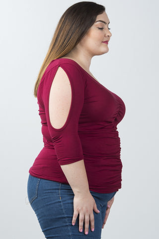 Ladies fashion plus size v neckline slit sleeve ruched front top