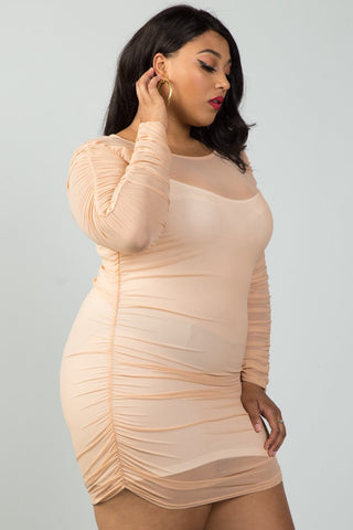 Ladies fashion plus size long sleeves sheer mesh ruched mini dress