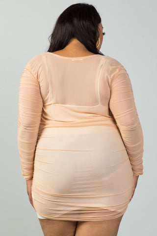 Ladies fashion plus size long sleeves sheer mesh ruched mini dress