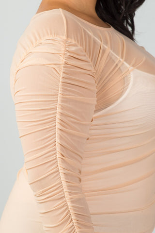 Ladies fashion plus size long sleeves sheer mesh ruched mini dress