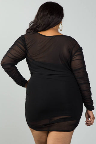 Ladies fashion plus size long sleeves sheer mesh ruched mini dress