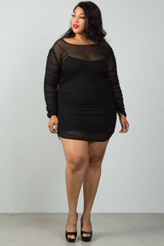 Ladies fashion plus size long sleeves sheer mesh ruched mini dress