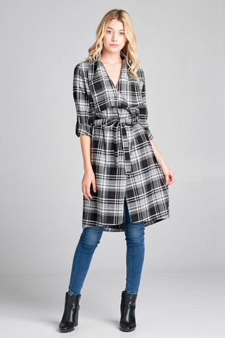 Ladies fashion plus size 3/4 roll up sleeve shawl lapel hand kerchiefef hem plaid woven jacket