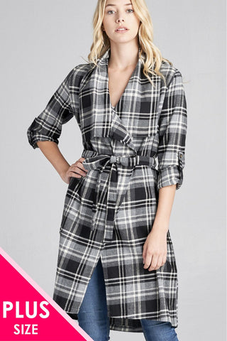 Ladies fashion plus size 3/4 roll up sleeve shawl lapel hand kerchiefef hem plaid woven jacket