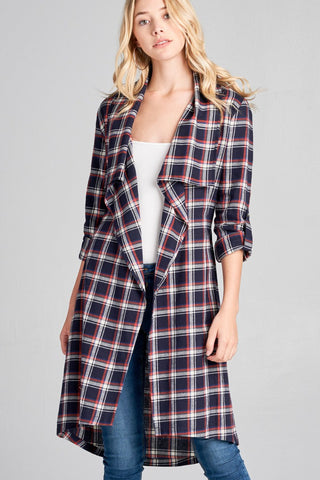 Ladies fashion plus size 3/4 roll up sleeve shawl lapel hand kerchiefef hem plaid woven jacket