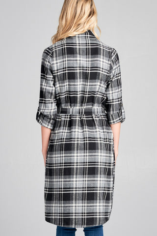 Ladies fashion plus size 3/4 roll up sleeve shawl lapel hand kerchiefef hem plaid woven jacket