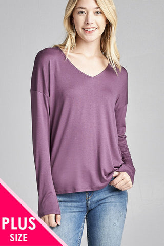 Ladies fashion plus size long dolman sleeve v-neck rayon spandex knit top