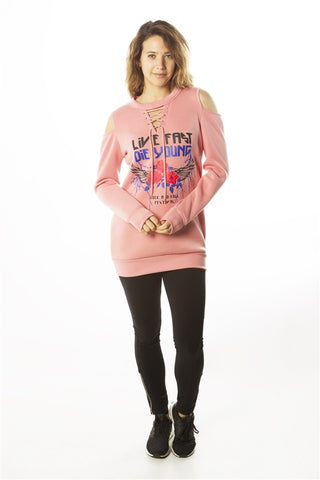 Ladies fashion  sweatshirt cold shoulder mini dress tops, pullover, embellished w/ applique