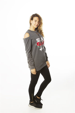 Ladies fashion sweatshirt cold shoulder mini dress hoodies-tops, pullover, embellished w/ applique