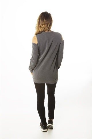 Ladies fashion sweatshirt cold shoulder mini dress hoodies-tops, pullover, embellished w/ applique