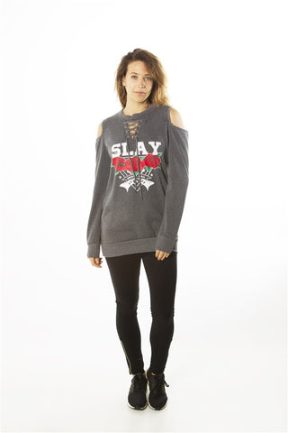 Ladies fashion sweatshirt cold shoulder mini dress hoodies-tops, pullover, embellished w/ applique