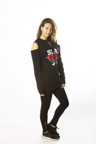 Ladies fashion sweatshirt cold shoulder mini dress hoodies-tops, pullover, embellished w/ applique