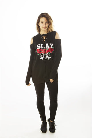 Ladies fashion sweatshirt cold shoulder mini dress hoodies-tops, pullover, embellished w/ applique