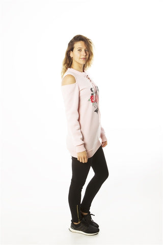 Ladies fashion sweatshirt cold shoulder mini dress hoodies-tops, pullover, embellished w/ applique