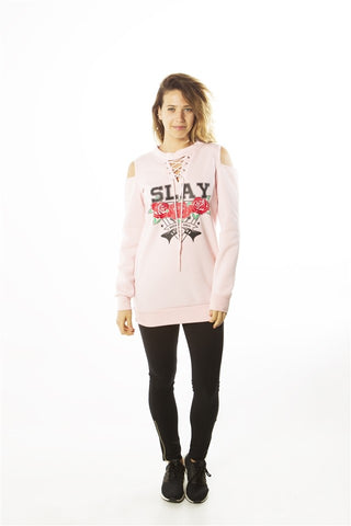 Ladies fashion sweatshirt cold shoulder mini dress hoodies-tops, pullover, embellished w/ applique