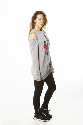 Ladies fashion sweatshirt cold shoulder mini dress hoodies-tops, pullover, embellished w/ applique