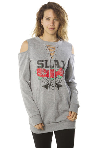 Ladies fashion sweatshirt cold shoulder mini dress hoodies-tops, pullover, embellished w/ applique