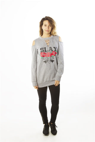 Ladies fashion sweatshirt cold shoulder mini dress hoodies-tops, pullover, embellished w/ applique