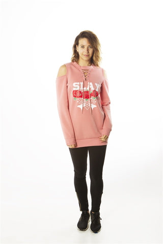 Ladies fashion sweatshirt cold shoulder mini dress hoodies-tops, pullover, embellished w/ applique