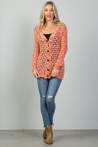 Ladies fashion button down closure crochet knitted color-block cardigan