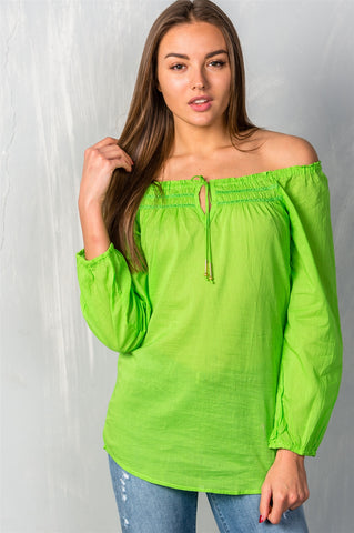 Ladies fashion self tie neckline contemporary elastic off the shoulder top