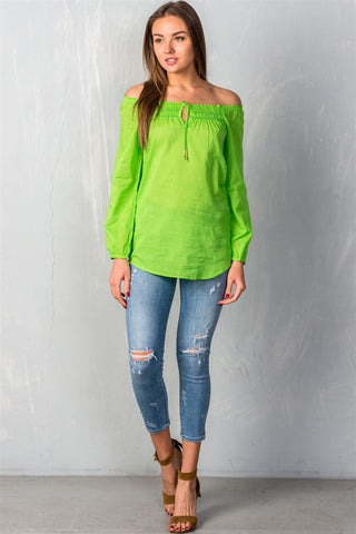 Ladies fashion self tie neckline contemporary elastic off the shoulder top