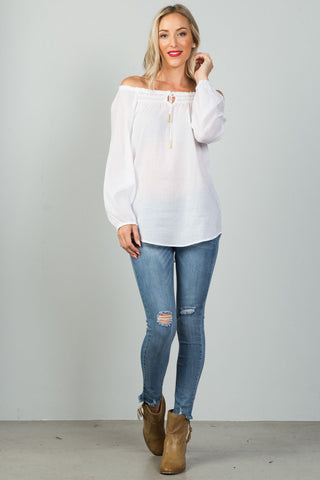 Ladies fashion self tie neckline contemporary elastic off the shoulder top