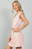 Ladies fashion gold rope neckline applique pink faux suede belted mini dress - merchandiserus2