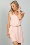 Ladies fashion gold rope neckline applique pink faux suede belted mini dress - merchandiserus2