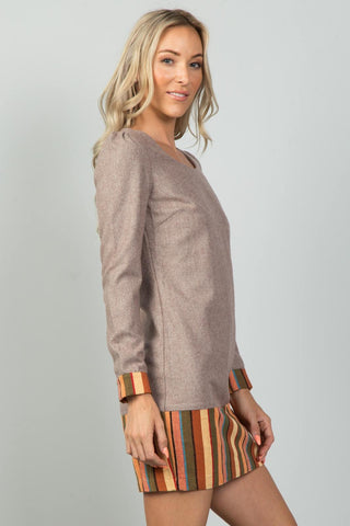 Ladies fashion taupe contrast hem mini dress - merchandiserus2