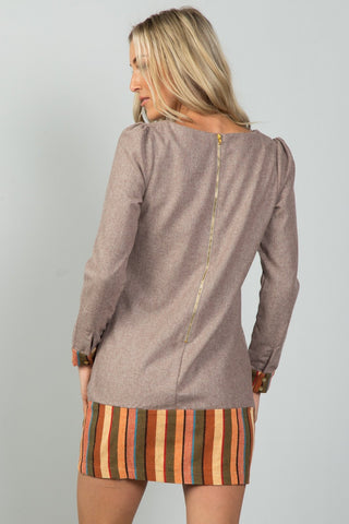 Ladies fashion taupe contrast hem mini dress - merchandiserus2