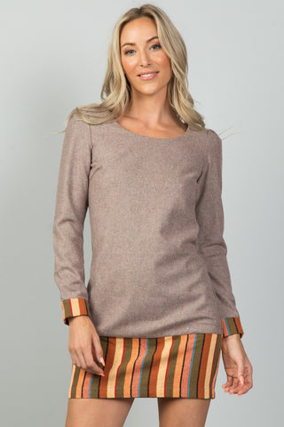 Ladies fashion taupe contrast hem mini dress - merchandiserus2