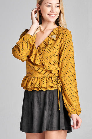 Ladies fashion long sleeve v-neck w/ruffle wrap side ribbon tie dot print woven top