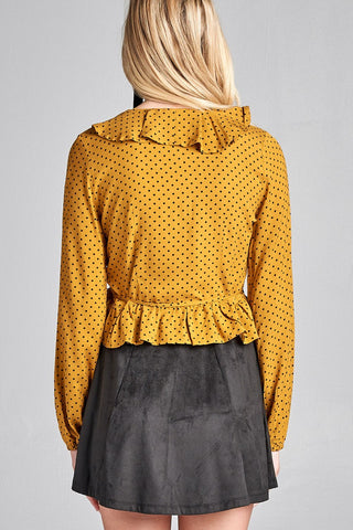 Ladies fashion long sleeve v-neck w/ruffle wrap side ribbon tie dot print woven top
