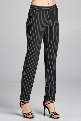 Ladies fashion waist elastic w/pocket striped knit pants