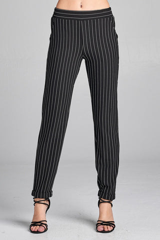 Ladies fashion waist elastic w/pocket striped knit pants