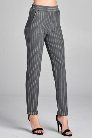 Ladies fashion waist elastic w/pocket striped knit pants