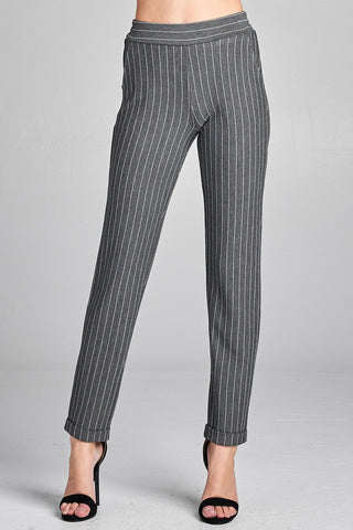 Ladies fashion waist elastic w/pocket striped knit pants