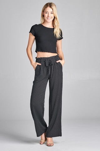 Ladies fashion self ribbon detail long wide leg dot print woven pants