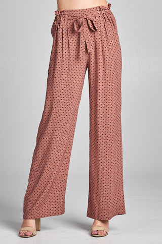 Ladies fashion self ribbon detail long wide leg dot print woven pants