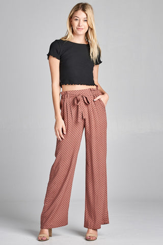 Ladies fashion self ribbon detail long wide leg dot print woven pants